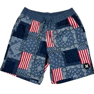 Hurley Men's USA Patchwork Print Lined Boadshorts Drawstring Shorts Sz M America